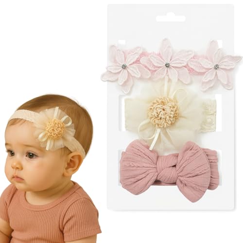 Image of ANNA CREATIONS 3 Pcs Baby Headbands - Soft Flower & Bow Shape Hair Bands for Baby Girls & Boys - Comfortable Elastic Patti Hair Accessories for Infants, Newborns & Toddlers