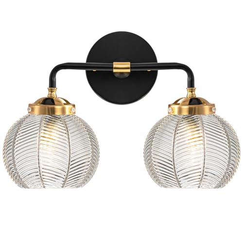 Image of 2 Light Bathroom Vanity Light Clear Glass Globe Wall Sconce Lights | Black Wall Mount Light with Ribbed Glass Shade, Mid Century Modern Style E26 Base for Over Mirror Bedroom Hallway Powder room