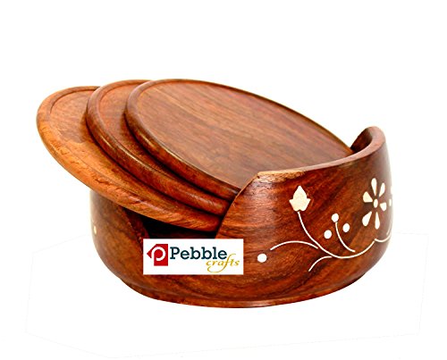 Image of Wooden Round Drink Coasters Set of 6 with Decorative Holder | Tabletop Coasters for Tea Coffee Cups Mugs Beer Cans Bar Glass for Office Home