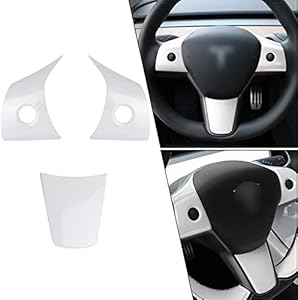 Xotic Tech Inner Steering Wheel Button w/Bottom Piece Cover Trim Set, White, Compatible with Tesla Model 3 Model Y 2017-2022