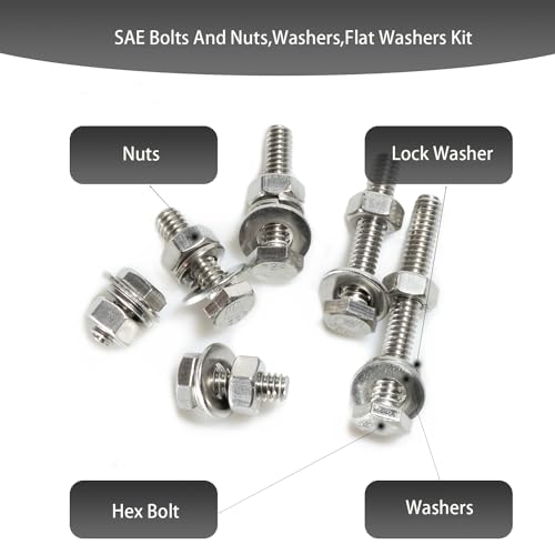 Image of 180 pcs SAE Stainless Steel Nuts and Bolts Assortment Kit, Including 6 Sizes 1 /4-20 Hex Bolts,Flat Washers, Lock Washers. Packaged by Plastic Box, Made by 304 Stainless Steel