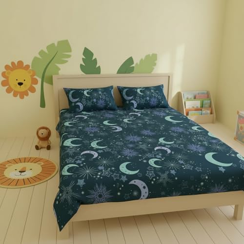 Image of Filymore Moon Star Kids Double Bed Sheet with 2 Pillow Covers 180 TC Soft Microfiber for Kid Room Bedcover Size (90 X 90) inches, Nevyblue and White