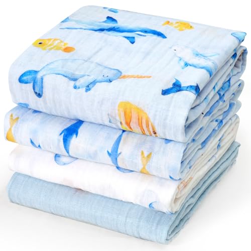 Image of david's kids 4 Pack Baby Muslin Swaddle Blankets, 100% Cotton and Ultra Soft Breathable Receiving Blanket Wrap for Boys Girls, New Born Essentials, Large 47 x 47 inches, Whale