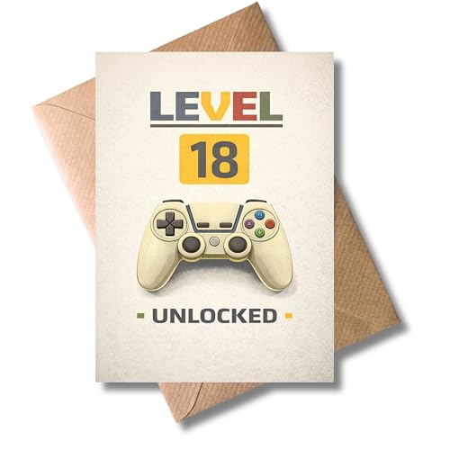 WBdesignz Carte d'anniversaire 18e anniversaire joueur « Level 18 Unlocked » avec enveloppe – Avec manette – Carte de vœux amusante pour joueurs, fans de jeux vidéo, joueurs et joueurs sur PC pour le