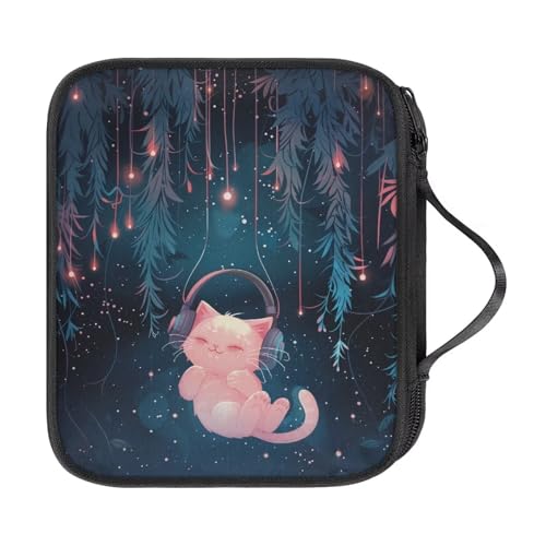 Hechitok Pink Cat Forest Empty Crochet Hook Case with Handle Portable Travel Crochet Storage Bag Organizer Zipper Bags with Web Pocket and Crochet Holder Slots for Crochet Knitting Accessories