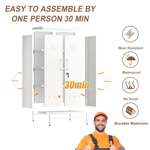 Image of pozdeg 47.24 inch White Lockable Small Metal Storage Locker | Employees Locker with 2 Doors & 2 Adjustable Shelves, Steel File Cabinet for Employees, Home, School, Office & Gym