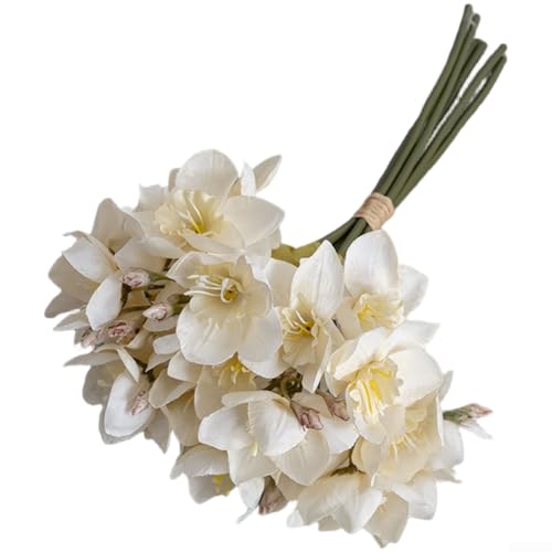 Pumixiy Wedding Home Decor Artificial Flowers Floral Daffodil Bouquet with Natural Look, Versatile Use for Various Occasions, Compact Size for Handheld Arrangements(White)