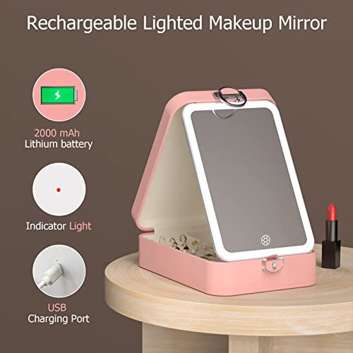 Funtouch Jewelry Organizer Box With Makeup Vanity Mirror, Portable Travel Jewelry Organizer Case With Desktop Makeup Mirror, 3 Color Lights, Touch Sensor, Rechargeable Led Mirror (Pink) #TOP2