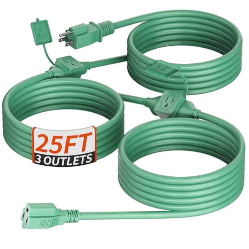PlugSaf 25 FT Green Outdoor Extension Cord with Multiple Outlets 16/3 Gauge Outdoor Green Extension Cord Evenly Spaced 3 Outlets Plugs Waterproof 13AMP 1625W 125V 16AWG SJTW ETL Listed