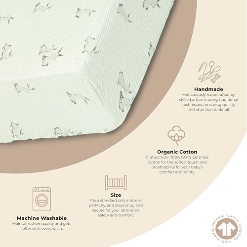 Image of Crane Baby 100% Organic Cotton Gender Neutral Animal Nursery Bedding, Fitted Sheet, Soft Breathable GOTS Certified Cotton, Bunny Crib Sheet