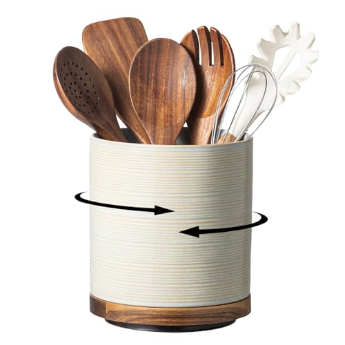 Image of Utensil Holder, 360 Rotating Extra Large Ceramic Kitchen Utensil Holder for Countertop, 7.3 inch Cooking Utensil Crocks with Rotatable Wooden Base, Farmhouse Decor, Dusty Gray