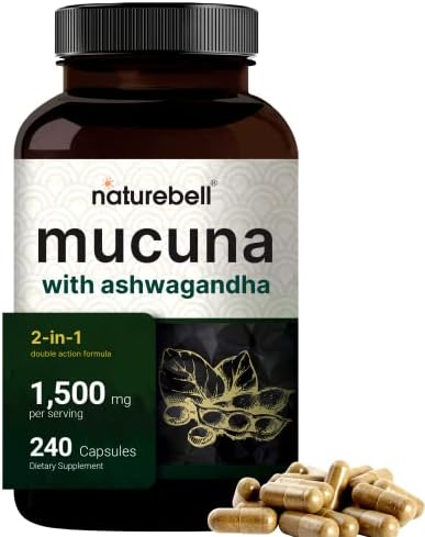 Mucuna Pruriens Capsules, Triple Strength 1500mg Per Serving, 2 in 1 Formula, Made with Mucuna and Ashwagandha, 240 Capsules, 30% Natural L-Dopa for Positive Mood, Relaxation & Restoration
