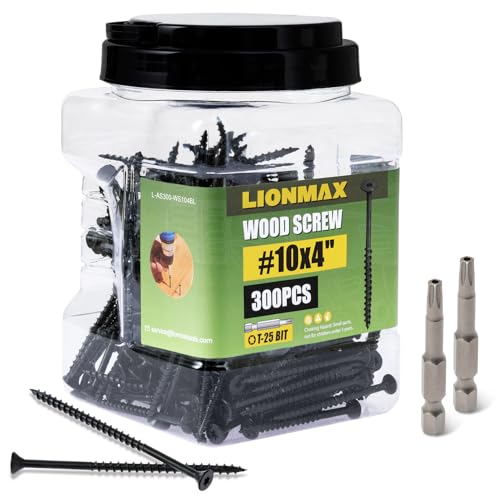 Image of LIONMAX Deck Screws 4 Inch, Wood Screws #10 x 4, 300 PCS, Rust Resistant, Exterior Epoxy Coated, Outdoor Decking Screws, Torx /Star Drive Head Screw, T25 Star Bit Included, Black