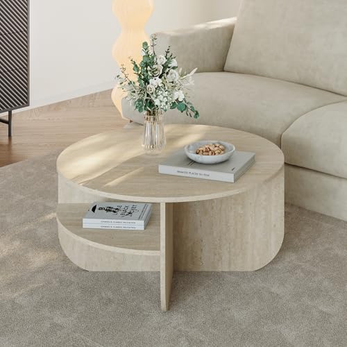 [en.casa] Table Basse de Salon avec Plateau Spacieux Rond 2 Étagères Table d'Appoint Design Intemporel Structure Robuste Panneau de Particules Mélaminé 80...