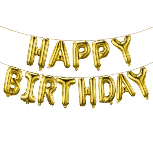 Gold Happy Birthday Balloons Banner 16 Inch Mylar Foil Letters, Inflatable Party Decor and Birthday Decorations for Women, Men, Boys & Girls Kids and Adults, Reusable, Party Supplies