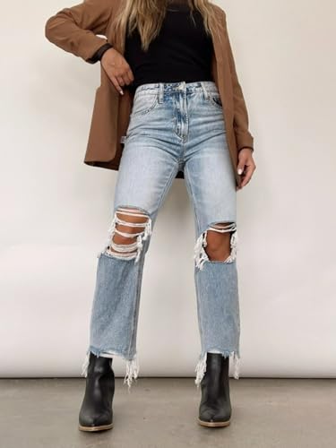 Jeans Pants Trousers Denim Trendy Washed Hole High Waist Loose Straight Pants3