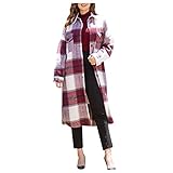 MEITING Damen Karierter Mantel Reverskragen Wintermantel Jacke Button Down Trenchcoat Damen Reversjacke Lange Jacke Warme Wintermantel Herbstmantel Karierte Hemdjacke Winter Jacke Übergangsjacke Bluse