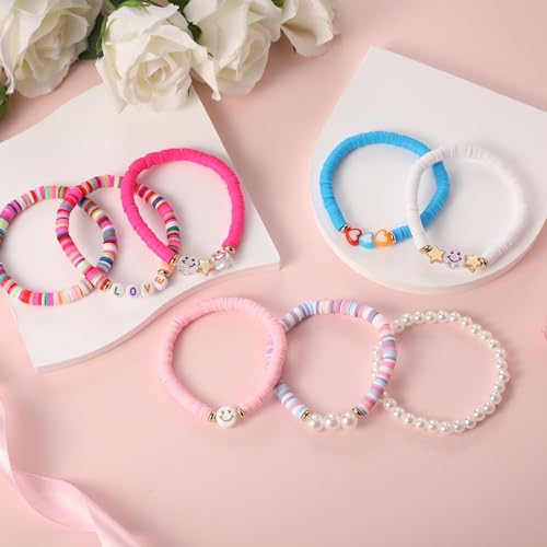 Image of Preppy Bracelets Set Colorful White Gold Smile Heart Star Polymer Beaded Pearl Clay Stackable Charm Y2K Kidcore Aesthetic Summer Beach Bohemian Stretch Layering Bracelets Jewelry for Girls Women Teens