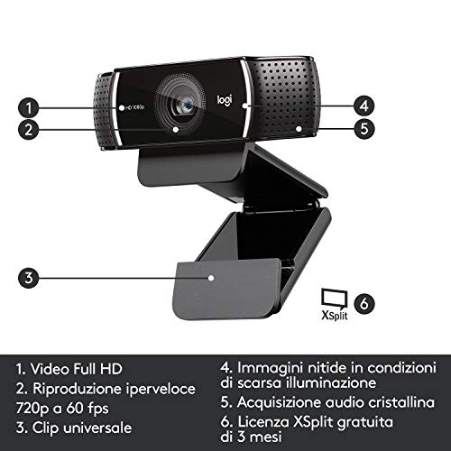 Logitech C922 Pro Stream Webcam, Streaming Veloce HD 1080p/30fps o 720p/60fps, Correzione Luce, Autofocus, Audio ?Stereo, Per YouTube, Twitch, XSplit, ?PC/Mac/Laptop/Macbook/Tablet, Nero