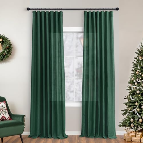 KOUFALL Emerald Green Curtains for Living Room,Dark Academia Sheer Linen
