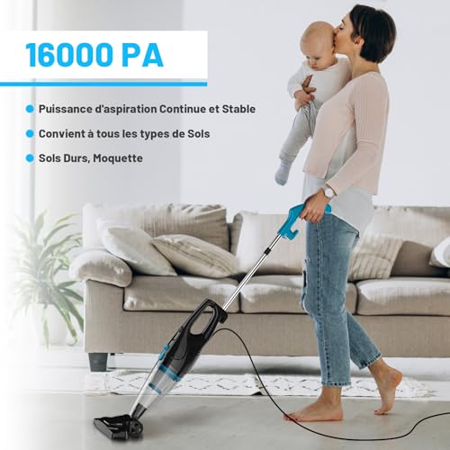 Aspirateur Balai avec Fil, Aspirateur Balai Filaire Puissant, 2 en 1 Aspirateur à Main avec 6m Long Câble, 16000Pa Aspirateur Balai et électriques sans Sac Vertical Léger pour Poils d'animaux – Image 3