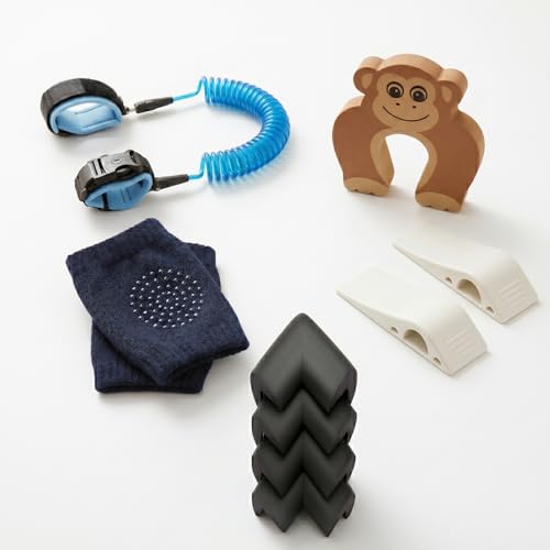 Image of Safe-O-Kid Toddler Safety Kit | 1 Anti-Lost Wrist Link, 1 Finger Pinch Guard, 2 TPR Door Stoppers, 4 Corner Protectors & 1 Pair Anti-Slip Knee Pads | Child Safety Kit for Home & Travel - Assorted