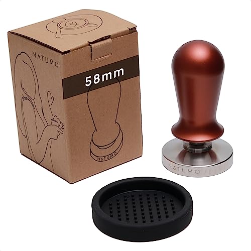 NATUMO Espresso Tamper 58 mm, regolazione della pressione (15 kg/35 lbs), accessori portafiltro, set per caffè con tappetino per Tamper (bronzo)