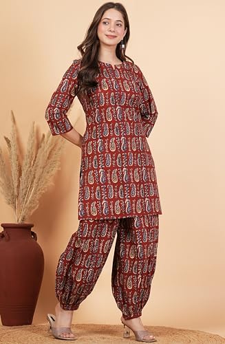 Image of rytras Women Woman Pure Cotton Printed Straight Kurta Sets with Afghani Pants|Kurti Set for Woman|Cord Set for Women Cotton