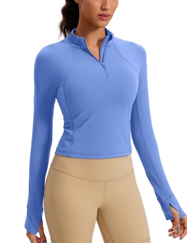 Image of CRZ YOGA Butterluxe Half Zip Crop Top | Workout, Extremely Soft, Slim Fit, Thumbholes, Side Pocket, Long Sleeve Shirts for Women