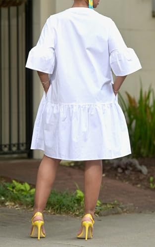 Image of Choichic Button Down Shirt Dresses for Women with Pockets Flare Bell Sleeve A-Line Midi Tunic Dress