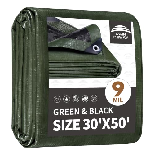 RAINDEWAY Tarps 30x50 Feet Large Tarp Waterproof 9Mil Thick Finished Size Multipurpose Poly Tarp Cover with Metal Grommets and Reinforced Edges Green/Black Tarpaulin