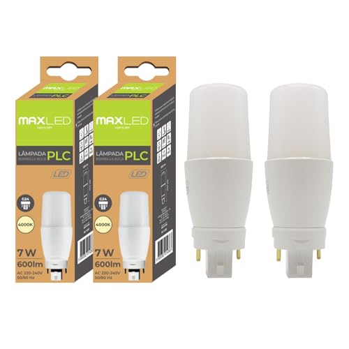 Maxled, Light is Led! Pack de 2 Bombillas LED G24 2-Pin PLC Tubo 7W Blanco Neutro 4000K Equivalente a 52W 600LM Lámpara LED de Alta Eficiencia Apto Para Cocina Dormitorio Comedor No Regulable