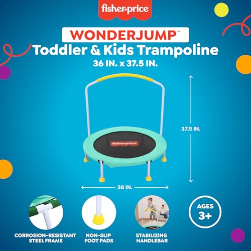Image of Fisher-Price 3-Foot Mini Trampoline, WonderJump 36-Inch Round Indoor Toddler Kids Trampoline with Stabilizing Handlebar