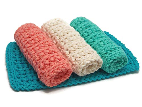 Handmade@ The Lotus Shop Coral and Aqua 4 inch x 7 inch Rectangular Cotton Dishcloths Set of 4 Lt. Coral Turquoise Ecru Aqua