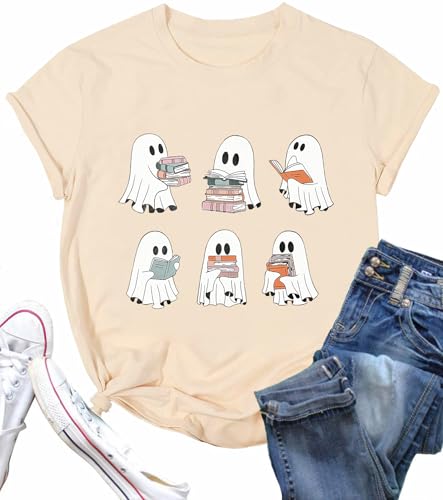 Camicia per insegnante di Halloween da donna retrò con fantasmi lettura libro maglietta a maniche corte autunno insegnante t-shirt top, Albicocca, L