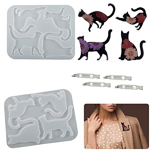 TOPBSFARNY DIY Silikon Katzenbrosche Harz Epoxidform mit 30 x Brosche Pins Rückseite Schnalle, Cartoon Kristall Schmuck Halskette Schlüsselanhänger Gießformen Kunst Handwerk Werkzeug Form Handarbeit Cover
