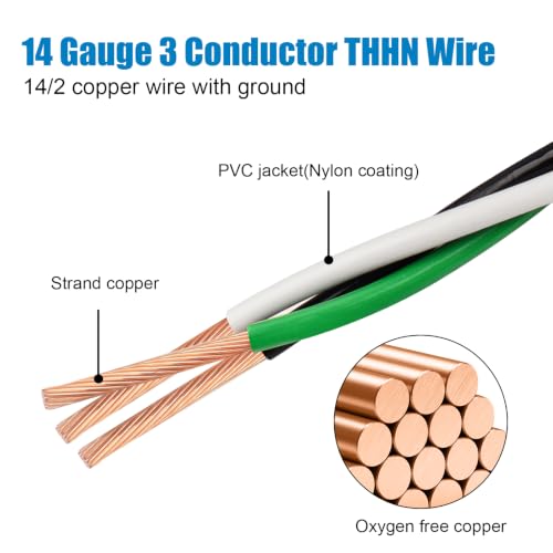 Image of THHN Wire 14 Gauge 3 Conductors Copper Wire Black White Green, 250FT | 14 AWG Copper Wire with Ground 600V Building Wire Nylon Jacket for Residential, CNC, Ground, Industrial