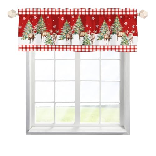 Valance Curtains Christmas Decor,Christmas Deers Christmas Trees Short Curtains Valance for Window,Blackout Kitchen Curtain,Rod Pocket Valance for Window,Curtains for Bedroom Bathroom Living Room