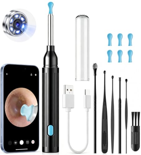 MOOPHY Ear Wax Removal Tool with Camera, 1296P HD Ear Cleaner with 6 LED Lights, Wireless Otoscope Earwax Removal Kit with Silicone Tips & Ear Spoons, Ear Camera for iPhone, iPad & Android, Black