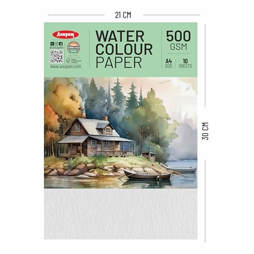 Image of Anupam Professional Watercolour Paper | A4 (30X21CM) 500 GSM Cold Pressed Paper |Acid-Free 10 Sheets| Ideal for Artist, Professional Drawing, Painting Dry & Wet, Fine Art, School, Students