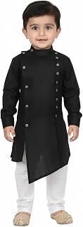 Pohar Creation Boys Black Kurta Pajama Set, Asymmetric Hem with Button Detail, Traditional Indian Ethnic Wear Price In India