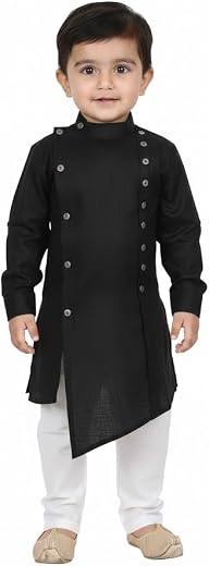 Pohar Creation Boys Black Kurta Pajama Set, Asymmetric Hem with Button Detail, Traditional Indian Ethnic Wear
