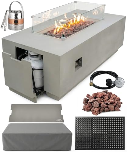 Image of AMS Fireplace Genuine Concrete Rectangular Propane Fire Pit Table for Outside Patio (66 inch Sedona) | Hidden Tank Drawer & Electronic Ignition | Bundle w /Wind Guard, Burner Lid & Cover (Light Gray)