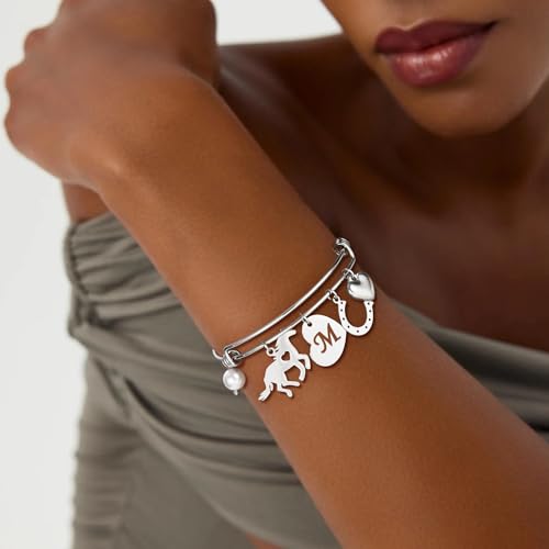 Image of C-leen Horse Gifts for Women Girls Kids, 14K White Gold Plated Horse Charm Bracelet Dainty Expandable Heart Initial Bangle Bracelets Birthday Gifts for Women Girls Jewelry