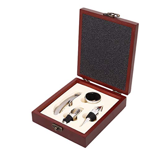 MisFox Set Apribottiglie Vino, 4 Pezzi Kit Accessori per Vino con Scatola Regalo in Legno Composto da Cavatappi a Leva, Tappi in Lega, Taglierino e Versatore
