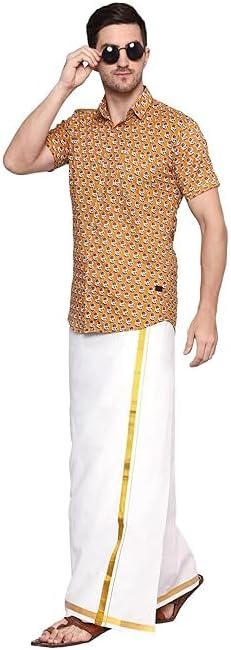 Global Traditional Men’s White Cotton Mundu/Dhoti with Golden Border – South Indian Ethnic Wear