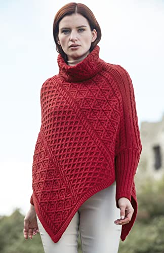 Aran Crafts Women's Soft Cowl Neck Poncho, 100% Super Soft Merino Wool, Authentic & Traditional, Classic Fisherman Sweater-Style Knit, Made In Ireland, Cw5224-S/M-Red #TOP1