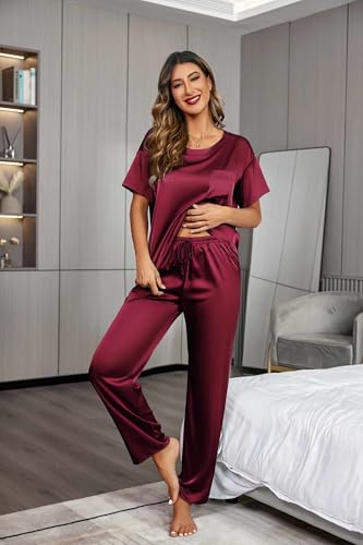 Image of Ekouaer Womens Satin Silky Pajama Set Short Sleeve Shirt with Long Pajama Pant Set Soft PJ Loungewear