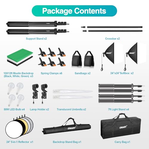 EMART 8.5 x 10 ft Backdrop Support System, Professional Photography Lighting Kit with 10*12ft Backdrop*3, 5500K 50W LED, Reflector, Umbrellas&Softbox Lighting Kit for Studio, Portrait, Video Shooting by EMART - Image 8