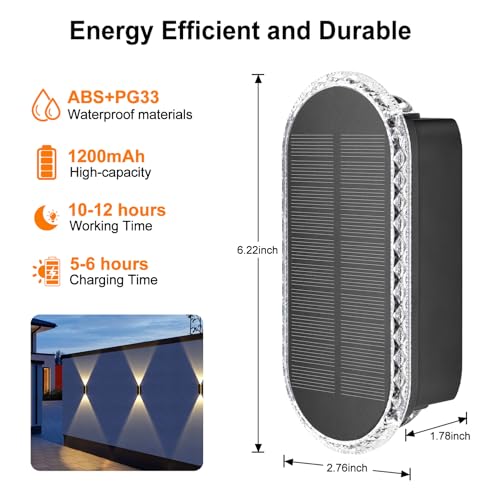Ellasay Solar Fence Lights Outdoor,6-Pack Solar Powered Wall Lights Up and Down Waterproof IP65,3 Color Brighter LED Focus Lens SolarLights Dusk to Dawn 12h for Patio,Backyard,Porch,Railing thumbnail 6